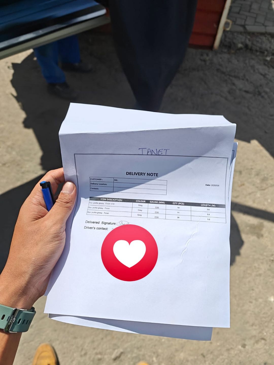 Signed Tranquility Mabati delivery note for grey G30 box-profile sheets handed over to a customer
